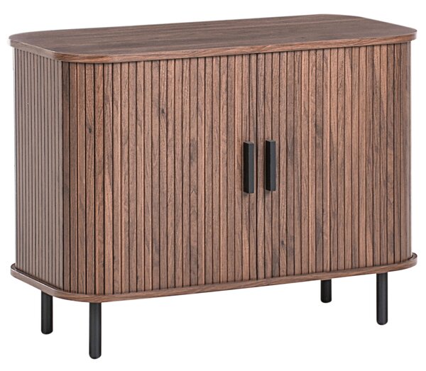 Komoda tmavohnedá čierne nohy MDF kov posuvné dvierka úložný priestor retro štýl obývacia izba