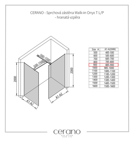 CERANO - Sprchová zástena Walk-in Onyx TL/P - 8 mm - hranatá vzpera - chróm, industriálne sklo - 90x90x200 cm