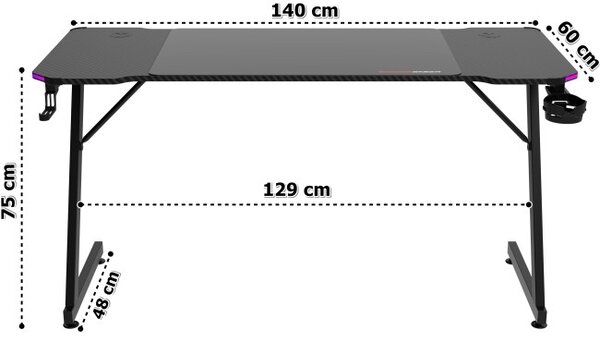 Herný stôl s LED osvetlením SHADOW GAMER 2.0 140 cm elektrický, čierny