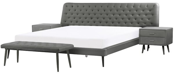 Spálňový Nábytok Set Sivý Čalúnený Eko-Kožená Posteľ 180 x 200 cm 2 Nočné Stolíky Lavička