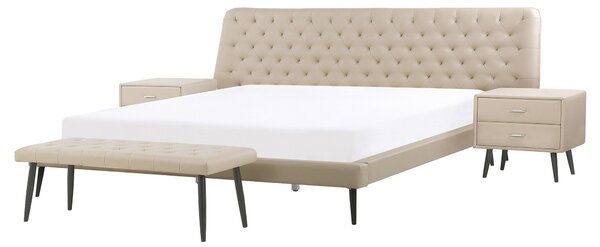 Spálňová zostava nábytku béžová umelá koža 160 x 200 cm posteľ lavička 2 nočné stolíky moderný dizajn