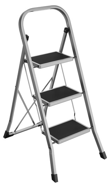 Rebrík, 3-stupňový skladací rebrík, oceľový, nosnosť 150 kg, sivý