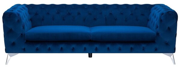 Pohovka modrá zamatové čalúnenie prešívanie s gombíkmi 3-miestna v štýle Chesterfield nízke operadlo retro glamour štýl obývačka