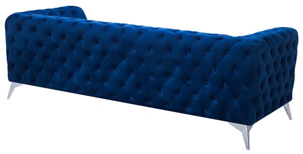 Pohovka modrá zamatové čalúnenie prešívanie s gombíkmi 3-miestna v štýle Chesterfield nízke operadlo retro glamour štýl obývačka