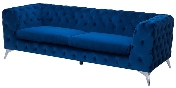 Pohovka modrá zamatové čalúnenie prešívanie s gombíkmi 3-miestna v štýle Chesterfield nízke operadlo retro glamour štýl obývačka