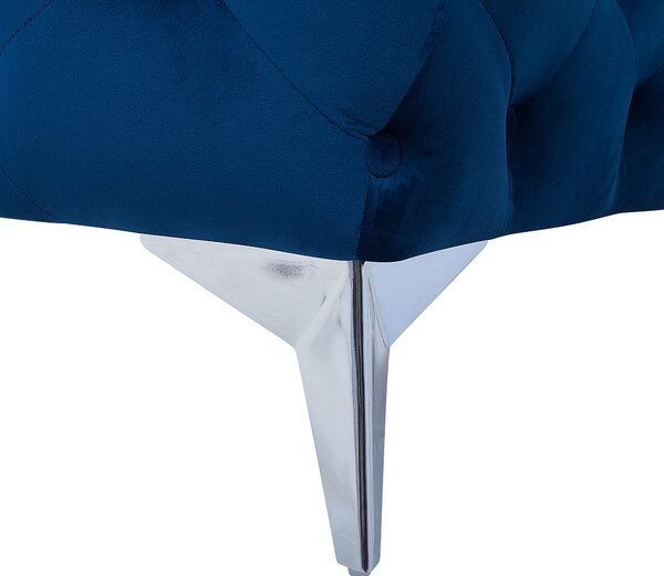 Pohovka modrá zamatové čalúnenie prešívanie s gombíkmi 3-miestna v štýle Chesterfield nízke operadlo retro glamour štýl obývačka
