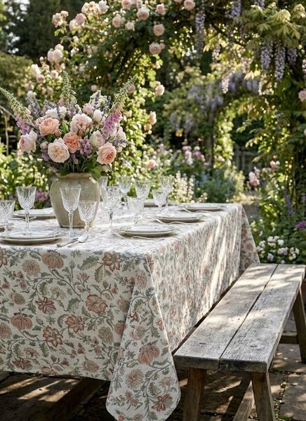 Krémový bavlnený obrus s kvetmi Aix Wild Flowers - 140*240 cm - Chic Antique