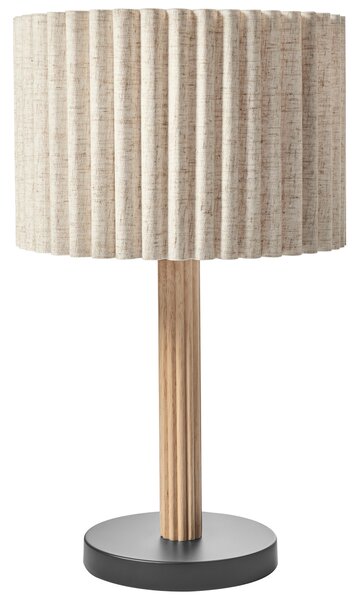Stolná lampa svetlobéžová ľan látkové tienidlo podstavec z kaučukového dreva moderný škandinávsky štýl obývacia izba spálňa