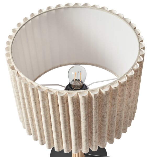 Stolná lampa svetlobéžová ľan látkové tienidlo podstavec z kaučukového dreva moderný škandinávsky štýl obývacia izba spálňa