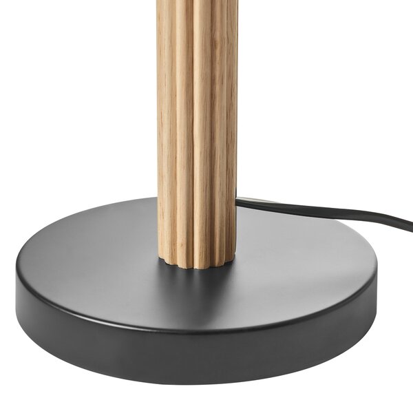 Stolná lampa svetlobéžová ľan látkové tienidlo podstavec z kaučukového dreva moderný škandinávsky štýl obývacia izba spálňa