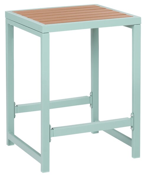 Záhradná jedálenská súprava svetlozelená oceľový podstavec drevená vrchná doska 3-dielna barový stôl 2 stoličky moderný štýl exteriér