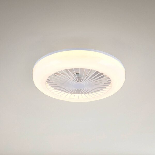 Reality Leuchten LED ventilátor Mora, DC, tichý, Ø 45 cm, diaľkové ovládanie, Biela / opálová, Obývacia izba / jedáleň, Plast, Moderný, Závesné svietidlo