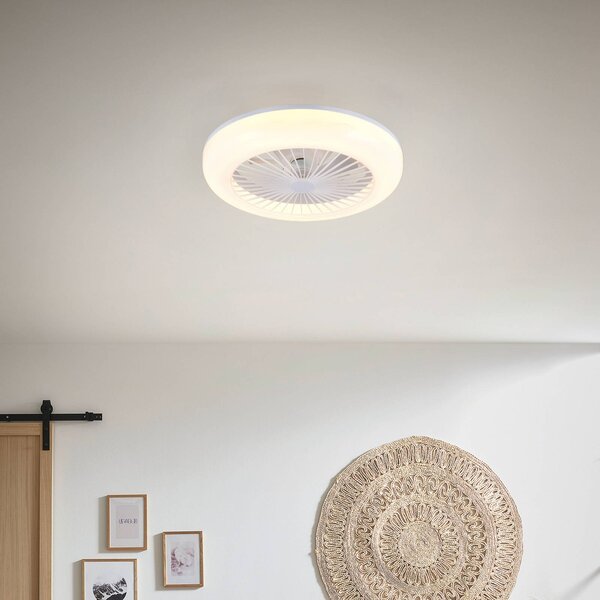 Reality Leuchten LED ventilátor Mora, DC, tichý, Ø 45 cm, diaľkové ovládanie, Biela / opálová, Obývacia izba / jedáleň, Plast, Moderný, Závesné svietidlo
