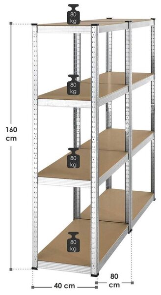 Kovový regál Easy 2 ks 160x80x40 cm, 4 police, nosnosť 640kg