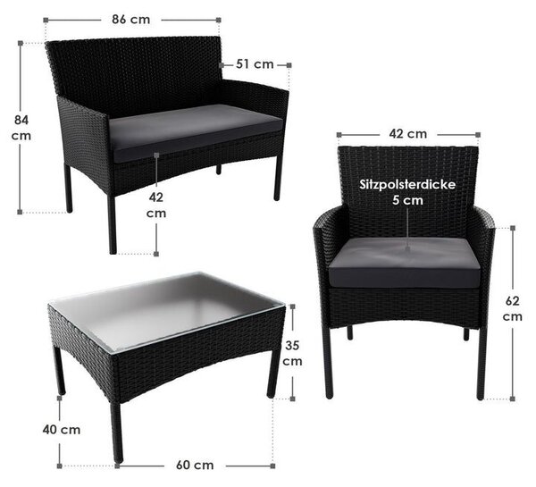 Záhradný set pre 4 osoby, kreslá a stôl, čierny ratan