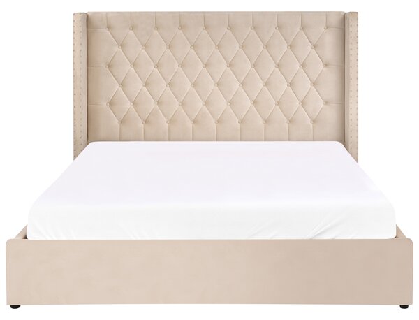 Posteľ s úložným priestorom béžová zamatové čalúnenie 180 x 200 cm prešívané čelo lamelový rošt glamour dizajn
