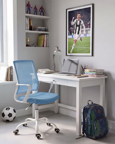 Kancelárska stolička modrá sieťovina látkové čalúnenie nastaviteľná výška otočné kreslo moderný štýl domáca kancelária