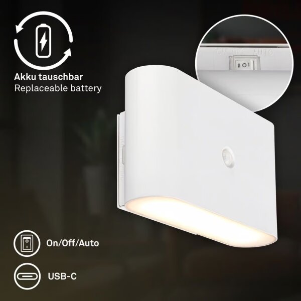 Briloner 3878016 - LED nabíjacie nástenné svietidlo so senzorom CHAT LED/3W/5V 2000 mAh biela