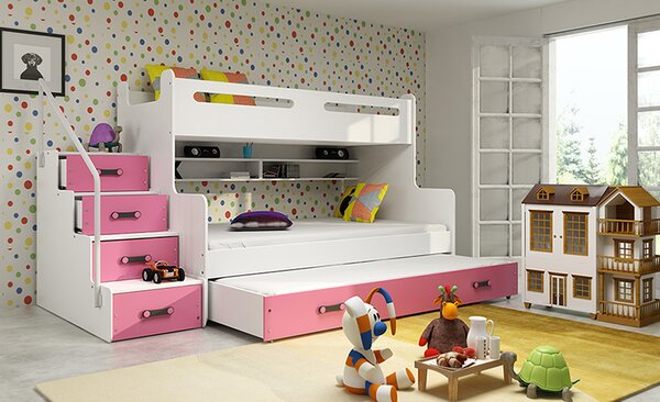 BMS Rozšírená poschodová posteľ s prístelkou MAX 3 200x120 biela Doplňujúca farba postele: Ružová