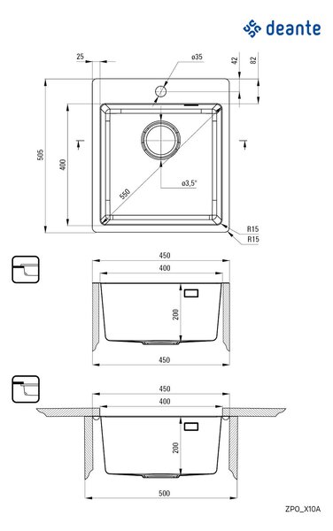Deante Olfato, nerezový drez pod dosku 1-komorový B/O 450x505x200 3,5" + priestorovo úsporný sifón, brúsený vzor satyna, ZPO_010A