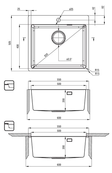 Deante Olfato, nerezový drez pod dosku 1-komorový B/O 550x505x200 3,5" + priestorovo úsporný sifón, brúsený vzor satyna, ZPO_010B
