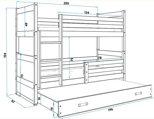 BMS Detská poschodová posteľ s prístelkou RICO grafit Veľkosť spacej plochy: 190x80 cm, Doplňujúca farba postele: Grafit