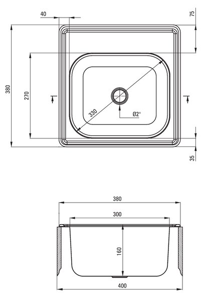 Deante Techno, nerezový drez na dosku 1-komorový B/O 380x380x160 2" + sifón, vzor satyna, ZMU_0100
