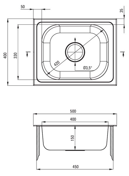 Deante Techno, nerezový drez na dosku 1-komorový B/O 500x400x150 3,5'' + sifón, vzor dekor, DEA-ZEU_310A