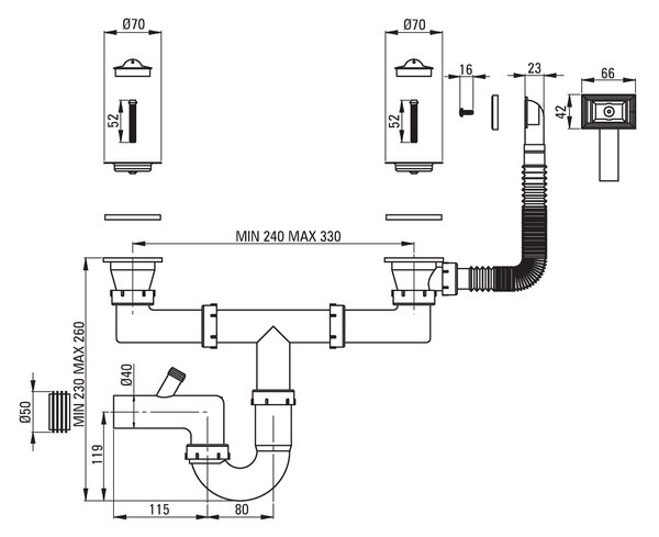 Deante Techno, nerezový drez na dosku 2-komorový B/O 790x440x130 2" + sifón, vzor satyna, ZMU_0200