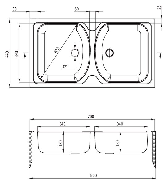 Deante Techno, nerezový drez na dosku 2-komorový B/O 790x440x130 2" + sifón, vzor satyna, ZMU_0200