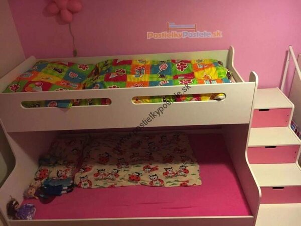 HRUŠKA Poschodová posteľ s prístelkou MAX 3 rozšírená 200x120 biela - ružová