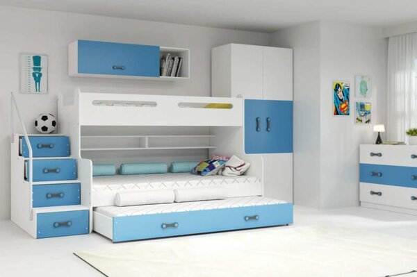 HRUŠKA Poschodová posteľ s prístelkou MAX 3 rozšírená 200x120 biela - modrá
