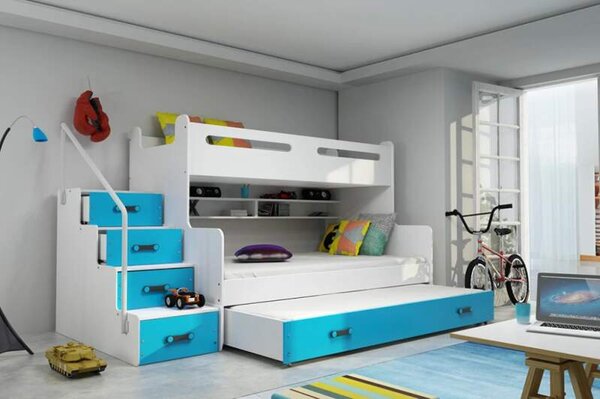 HRUŠKA Poschodová posteľ s prístelkou MAX 3 rozšírená 200x120 biela - modrá