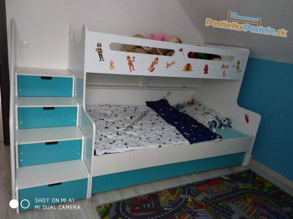 HRUŠKA Poschodová posteľ s prístelkou MAX 3 rozšírená 200x120 biela - modrá