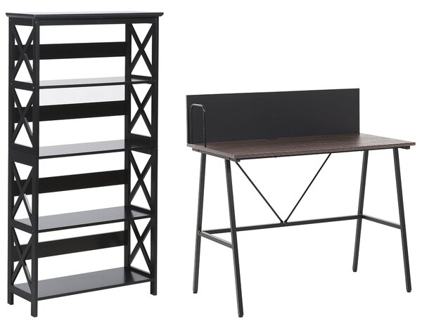 Zostava kancelárskeho nábytku tmavé drevo a čierna spracované drevo písací stôl knižnica regál moderný škandinávsky dizajn