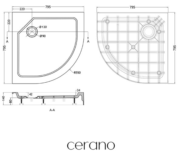 CERANO - Sprchovací kút Orso L/P - 5 mm - štvrťkruh - R550 - chróm, transparentné sklo - 80x80x195 cm - posuvný + sprchová vanička Arvo - minerálny k…