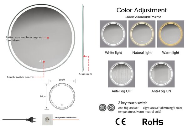 Erga Carla, okrúhle LED zrkadlo 60cm, 1380 lm, 3 farby svetla, ERG-V01-208-6060