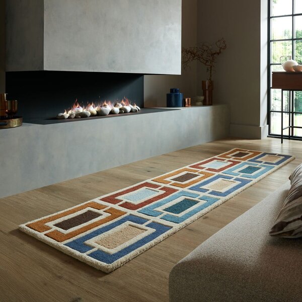 Modro-oranžový ručne tkaný vlnený behúň 60x230 cm Retro Blocks – Flair Rugs