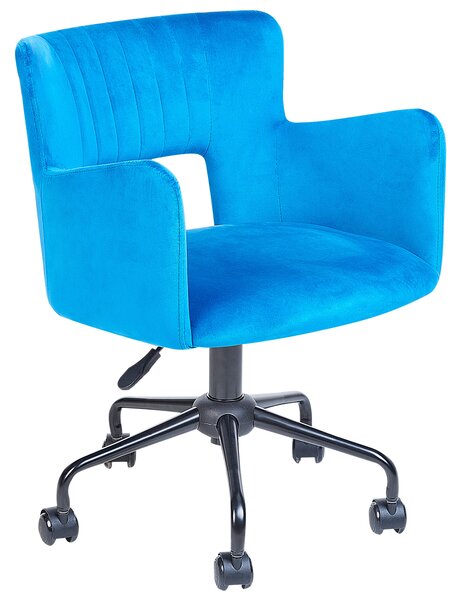 Kancelárska stolička modrá zamatová s bočnými opierkami vykrojené prešívané operadlo nastaviteľná výška čierne kolieska