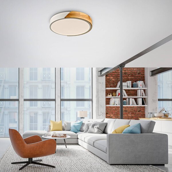 JUST LIGHT. Stropné LED svietidlo Bila, biele, Ø 32 cm, drevo, Svetlé drevo, Obývacia izba / jedáleň, Drevo, Závesné svietidlo