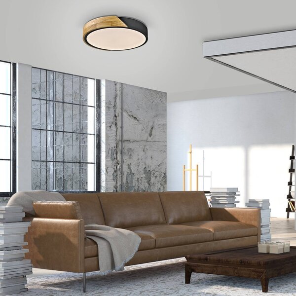 JUST LIGHT. Stropné LED svietidlo Bila, čierne, Ø 32 cm, drevo, Svetlé drevo, Obývacia izba / jedáleň, Drevo, Závesné svietidlo