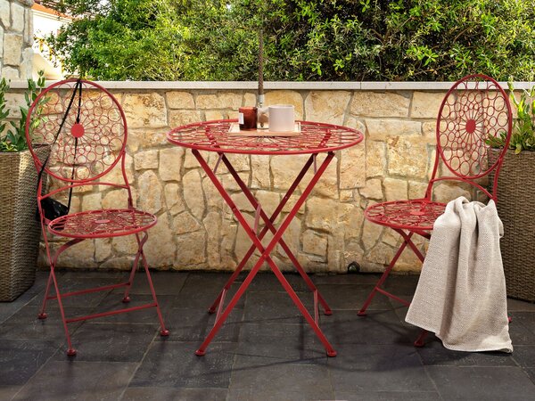 Záhradná bistro sada červená železo kov skladací stôl 2 stoličky odolnosť voči UV žiareniu a hrdzi vintage retro štýl exteriér