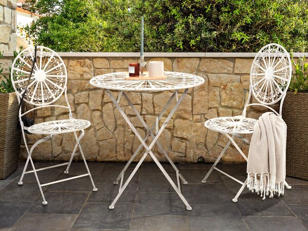 Záhradná bistro sada biela železo kov skladací stôl 2 stoličky opotrebovaný vzhľad odolnosť voči UV a hrdzi vintage retro štýl exteriér