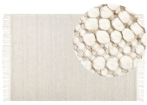 Koberec béžový vlnený 160 x 230 cm so strapcami ručne tkaný obývacia izba spálňa boho moderný štýl