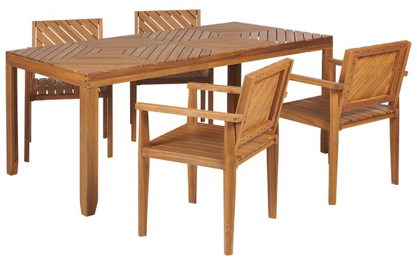 Záhradná jedálenská súprava svetlé akáciové drevo stôl 180 x 90 cm 4 stoličky s opierkami rúk rustikálny štýl