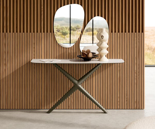 DELIFE Konzolový stolík Edge zaoblený 140×40 cm keramika onyx šampanské Estelo kov titánová farba