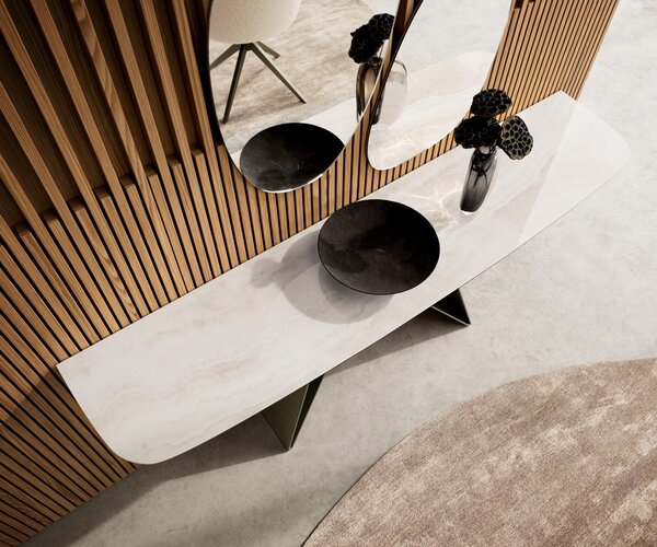 DELIFE Konzolový stolík Edge zaoblený tvar 180×40 cm keramika onyx šampanské Velio kov titánová farba