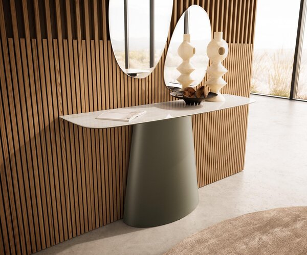 DELIFE Konzolový stolík Edge zaoblený 140×40 cm keramika onyx šampanské Conos kov titánová farba