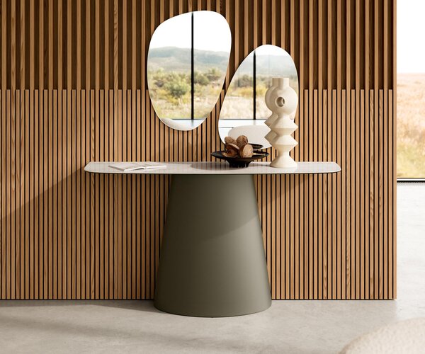 DELIFE Konzolový stolík Edge zaoblený 140×40 cm keramika onyx šampanské Conos kov titánová farba