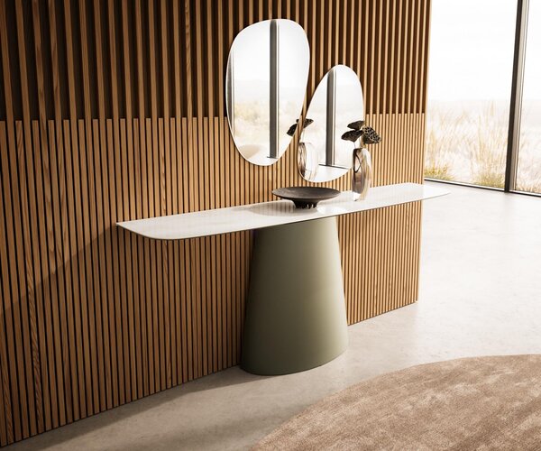 DELIFE Konzolový stolík Edge zaoblený tvar 180×40 cm keramika onyx šampanské Conos kov titánová farba